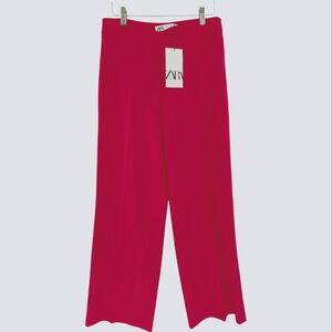ZARA NWT Side Zip Trouser Flat Front Size Small Wide Leg Pink Stretch Retail $69